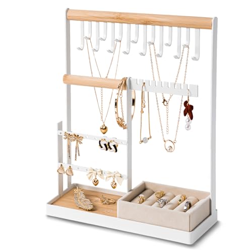 DreamGenius Jewelry Organizer Stand with Velvet Ring Holder, 4 Tier Jewelry Holder Organizer with 15 Hooks for Necklaces a...