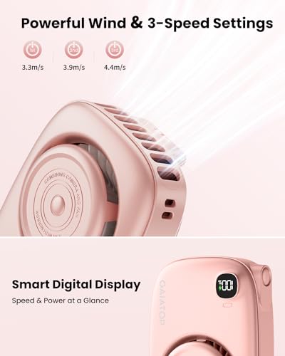 Gaiatop Mini Neck Fan, Rechargeable Handheld Desk Use, LED Power Display 3 Speed 360°Rotate Mirror for Lash Makeup, Cute C...