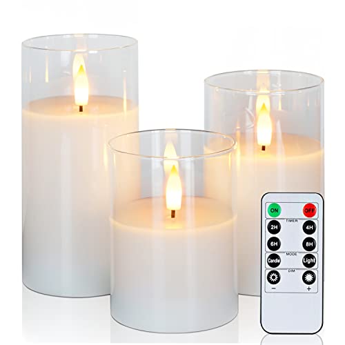 Amagic Clear Glass Flameless Candles Battery Operated with Timer, Remote Control, LED Pillar Candles, Battery Powered, Val...