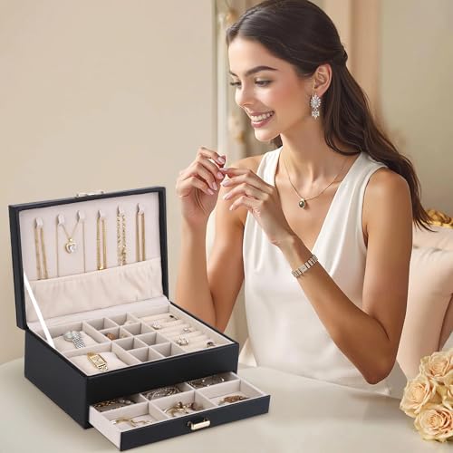 HofferRuffer Jewelry Box with Drawer for Women‌ Girls, Faux Leather Storage Jewelry Organizer Jewelry Case with Two Layers...