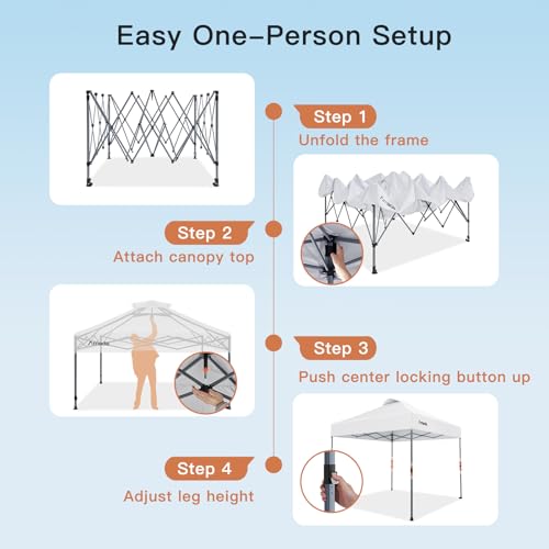 Amada 10x10 Pop Up Canopy Tent, 1-Button Push Easy-up Outdoor Canopy Beach Tent with 3-Height Adjustable Waterproof Shade ...