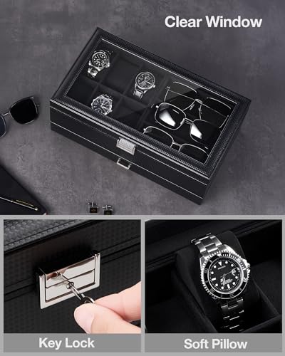 ProCase Mens Jewelry Box, Lockable 6 Slot Watch Case & 3 Slot Sunglasses Organizer, 2-layer Mens Jewelry Organizer Watch B...