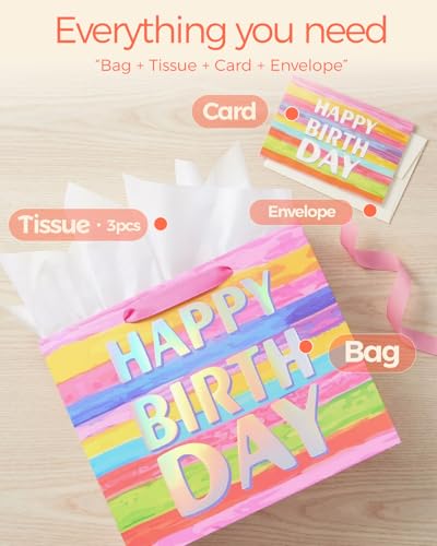 SUNCOLOR Large Happy Birthday Gift Bag with Tissue Paper & Card, 13 x 10.2 x 4.7 Inches Premium Paper Bag for Birthday, Ki...