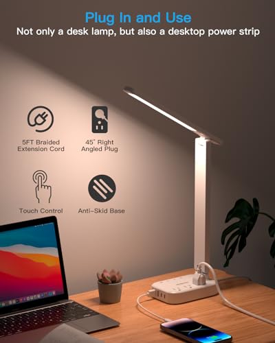 One Beat LED Small Desk Lamp Power Strip 5ft Extension Cord, 3 Outlets, 4 USB Ports(2 USB C), 4 Modes, 5 Level Touch- Hom...