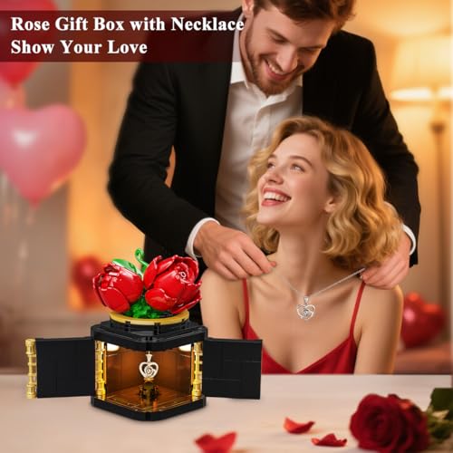 HOGOKIDS Flowers Box Building Set with LED & Necklace, for Mom/Wife, 312PCS Preserved Rose with Heart Necklace for Adults ...