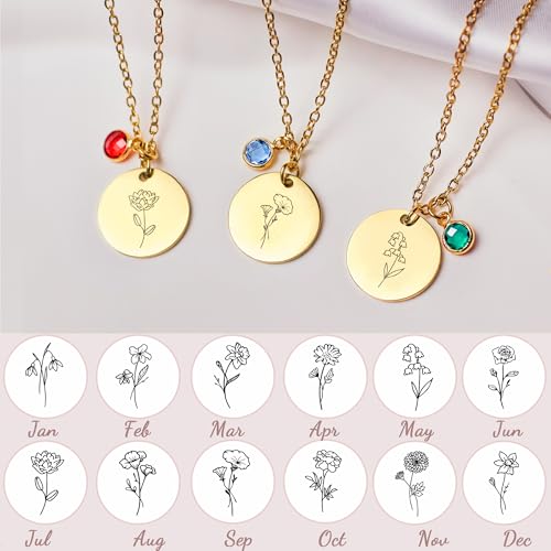 Birth Flower Necklaces for Women, 18K Gold Plated Dainty Birthstone Pendant Necklaces Handmade Birth Month Flower Jewelry ...