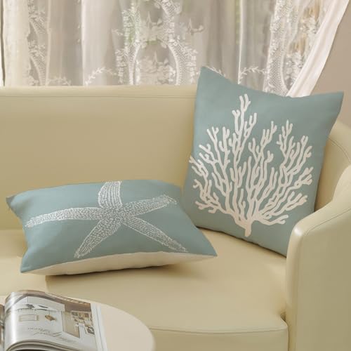 GOLIANDA Coastal Pillow Covers 18x18 Inch Set of 2 Blue Coral Starfish Throw Pillows Nautical Ocean Decorations Summer Lin...