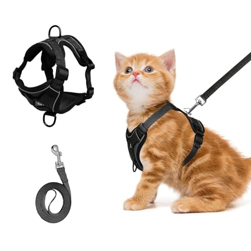 shudyear Cat Chest Harness and Leash Set Adjustable Anti-Escape Soft Mesh Cat Vest for Walking Outdoor (Blcak, S)