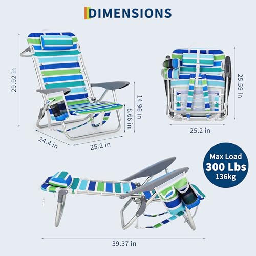 GarveeLife Backpack Beach Chair for Adults 2 Pack, Lightweight Portable Lay Flat Folding Beach Chair with 5 Positions, Bac...
