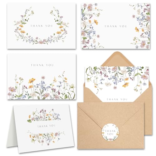 AUDREE Floral Thank You Cards With Envelopes (20 pack 4x6) - Wildflower Thank You Cards With Adhesive Envelope & Stickers...
