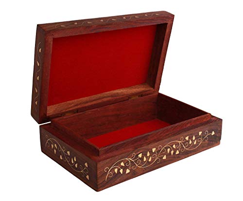 Ajuny Hand Carved Wooden Decorative Jewelry Storage Box with Floral Carvings Design Brass Inlay Keepsake Travel Treasure C...
