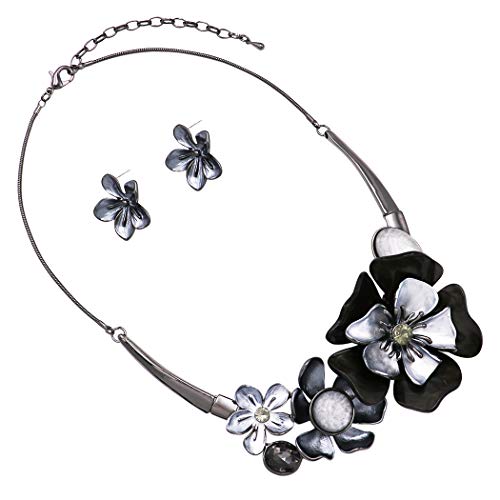 Rosemarie & Jubalee Women's Stunning Enamel and Lucite 3D Flower Collar Necklace and Earrings Jewelry Gift Set, 14"+3.5" E...