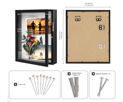 Muzilife 11x14 Shadow Box Picture Frame - 2.16" Interior Deep Wood & Glass Display Case Ready to Hang Memory Box Baby Spor...
