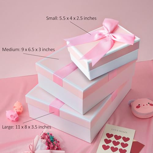 Airuisike Gift Boxes With Lids For Presents, Set Of 3 Pink Gift Wrap Boxes With Ribbon, Assorted Boxes For Presents, Sturd...