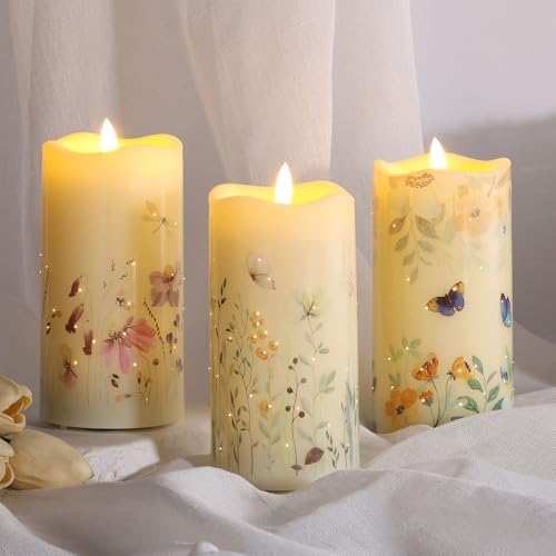 Eywamage Fiber Optic Flameless Pillar Candles with Remote Set of 3, Butterfly Floral Spring LED Candles Battery Operated G...