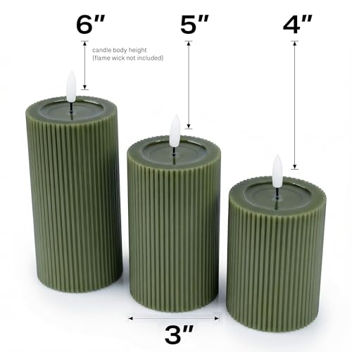 WYZworks Ribbed Fluted Real Wax Flameless LED Pillar Candles, Loden Sage Olive Green, Melted-Wax Top Look, Flickering Flam...