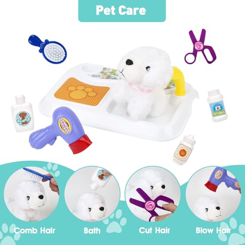 Pet Care Play Set for Kids, 16Pcs Doctor Kit Pretend Play Vet Puppy Dog Grooming & Feeding Toys with Backpack, Educational...
