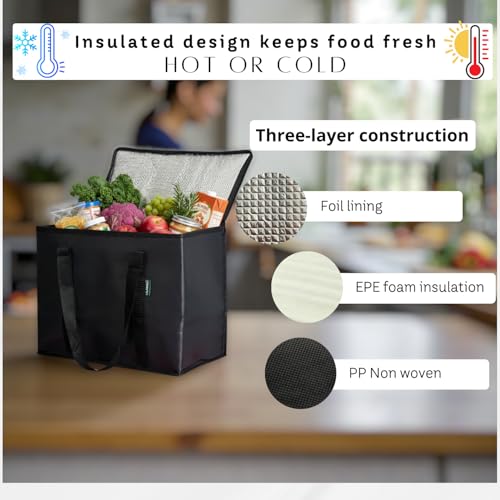 LALABAG 2-Pack Insulated Reusable Grocery Bags – Large Cooler Tote for Cold & Hot Food, Stays Upright, Durable, Foldable f...