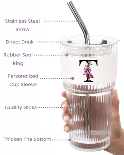 Alphabet Glass Cup with Lid Straw Ribbed Ice Tea Coffee Matcha Cute Stuff Latte Clear Women Wife Wifey Girlfriend Gf Roman...