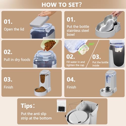 Automatic Cat Feeder and Water Dispenser with Stainless Steel Bowl Dog Gravity Food Feeder and Waterer for Small Medium Pe...
