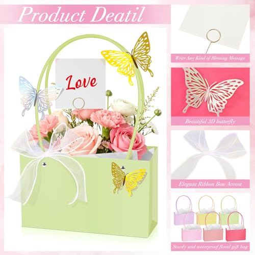 Cinrobiye Floral Gift Bag Set,12 Pcs Paper Flower Gift Bags with Handles, Ribbon, Card Holders, Cards, 3D Butterflies for ...