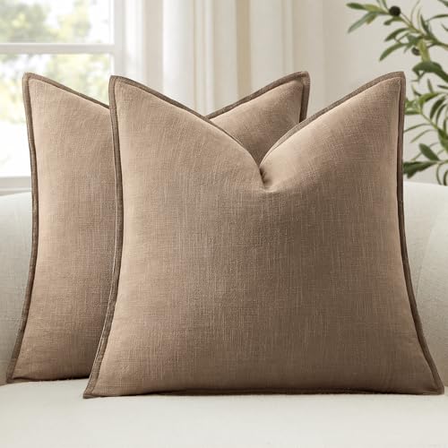 ANRODUO Pack of 2 Decorative Linen Pillow Covers Coco Brown Neutral Farmhouse Boho Soild Cushion Case Soft Accent Pillowca...