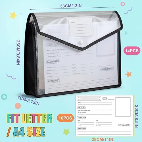 Motipuns 14 Pack K-12 School Memory Box Large Capacity with 16 Memory Questionnaires School Year Organizer Keepsake Scrapb...