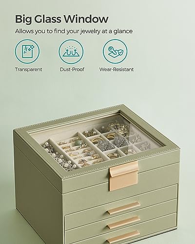 SONGMICS GISELLA Collection - Jewelry Box Organizer, 4-Layer Jewelry Storage with 3 Drawers, Shiny Metal Hardware, Glass L...
