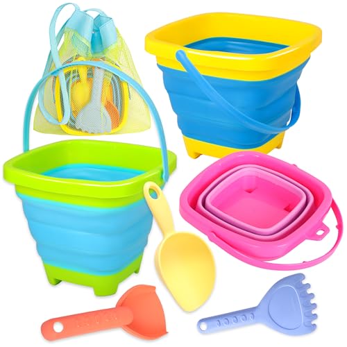 Xgunion Collapsible Beach Sand Bucket 3 Packs Foldable Buckets Set with Shovels & Mesh Bag Collapsible Beach Toys for Kids...