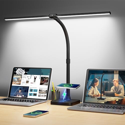 ShineTech LED Desk Lamp for Home Office, 24W Double Head Desk Light with Wireless Charging, USB Port, 25 Lighting Modes Ad...