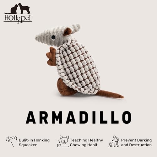 Hollypet Plush Dog Squeaky Toy Stuffed Armadillo Animal Pet Puppy Chew Toys with Clean Teeth for Small Medium Large All Br...