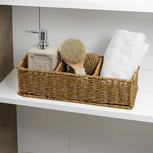 Waterproof Wicker Basket With 3 Compartments, Hand Woven Bathroom Counter Organizer, Small Storage Basket for Toilet Paper...