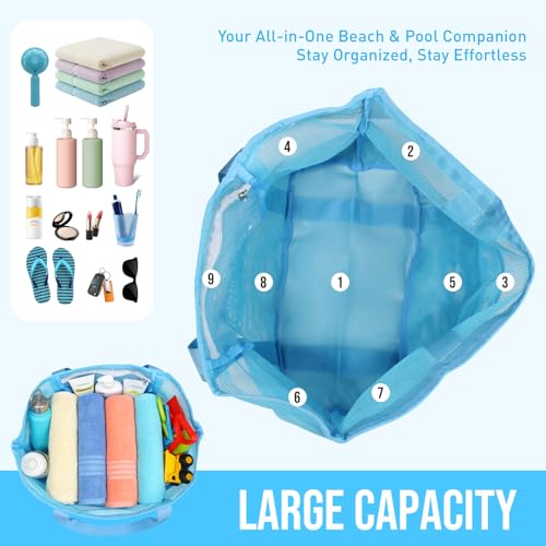 ASBEFORE Large Mesh Beach Tote Bag, 9-Pocket Foldable Summer Vacation Beach Bag for Travel, Pool, Gym, Cruise