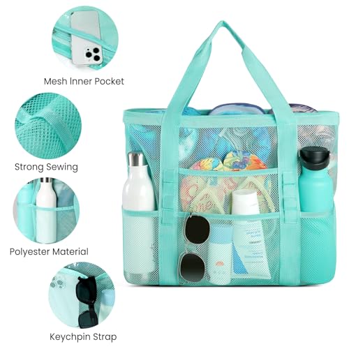 Ymomode Beach Bag - Mesh Beach Bag Large 8 Pockets, Beach Tote Bag Beach Essentials for Vacation Must Haves