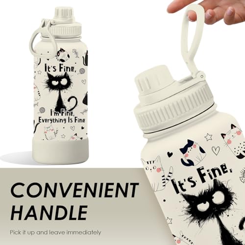 Cat Gifts for Women Girls - 34oz Black Cats Water Bottle, Everything Is Fine Cats Themed Insulated Travel Tumbler, Cute Co...