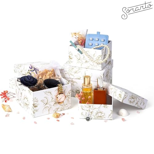 Sorarto Square Gift Boxes with Lids 4pc Set | White Gold Floral Nesting Gift Boxes for Presents Birthday Wedding Bridesmai...