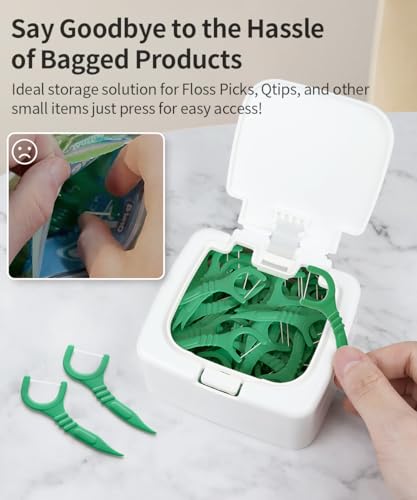 2-Pack Floss Pick Holder and Qtip Holder with One-Touch Opening, Quick Refill for Floss Picks, Cotton Swabs, Balls, Pads -...
