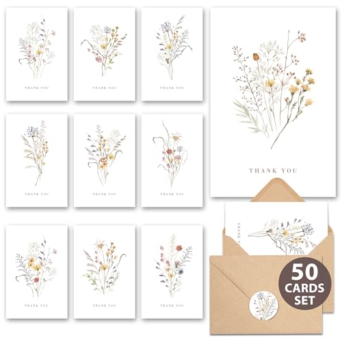AUDREE Wildflower Thank You Cards with Envelopes (50 Pack 3.5" x 5.2") – Floral Thank You Notes with Adhesive Envelopes & ...