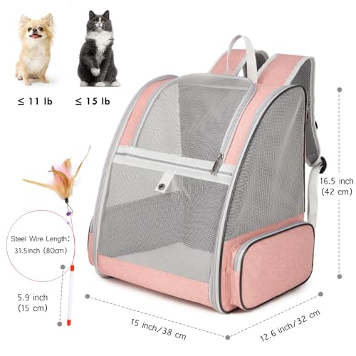 Cat Backpack Carrier, Large Pet Backpack with Kitten Wand Feather Toy for Medium Small Dog Cat Puppy Kitty Bunny up to 15l...