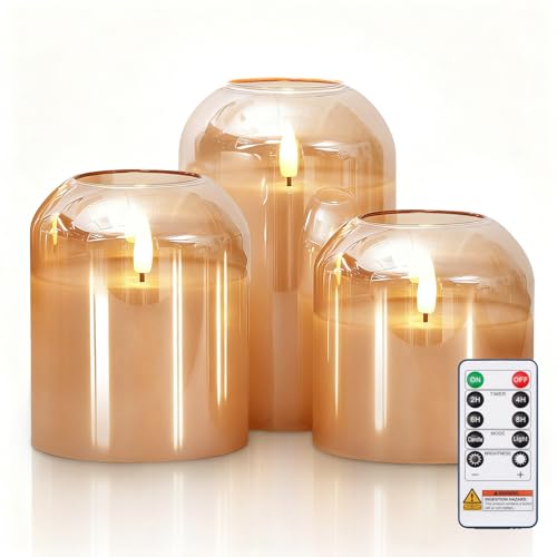 Homemory Glass Flameless Candles, Battery Operated Plliar Candles Realistic Flickering, LED Electric Light with Remote and...