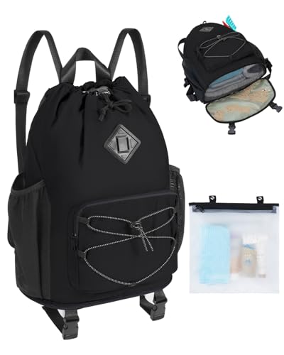WANDF Drawstring Backpack with Removable Wet Pocket, Sandproof Beach Backpack with Bottom Compression Strap for Beach Mat,...