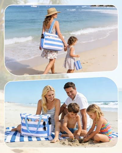 WANDF Beach Bags for Women, Large Waterproof Sandproof Beach Tote Bag with Zipper Family Pool Bags with 40oz Tumbler Pocke...