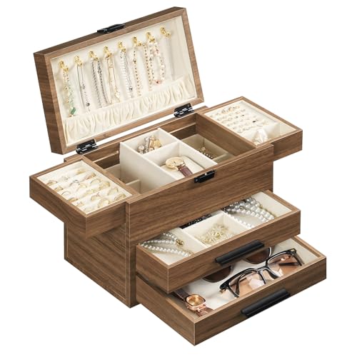 HOOBRO Wooden Jewelry Box for Women Girls, 4-Layer Jewelry Organizer with Vertical Necklace Storage, Large Jewelry Holder ...