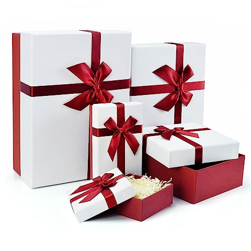 Eerbaier Gift Box for Present, Set of 5 Gift Boxes with Lids, Boxes for Gifts, Red Gift Boxes with Ribbon for Birthday, Mo...
