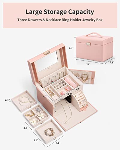 Vlando Jewelry Box Organizer for Girls Women, Large Baroque Jewelry Holder Organizer with Mirror, 3 Drawers for Bracelets,...