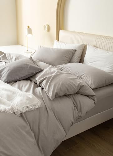 JIYUAN Queen Size Duvet Cover Set, 3-Piece - 100% Washed Cotton, Linen-Like Soft & Breathable with Zipper Closure, Include...