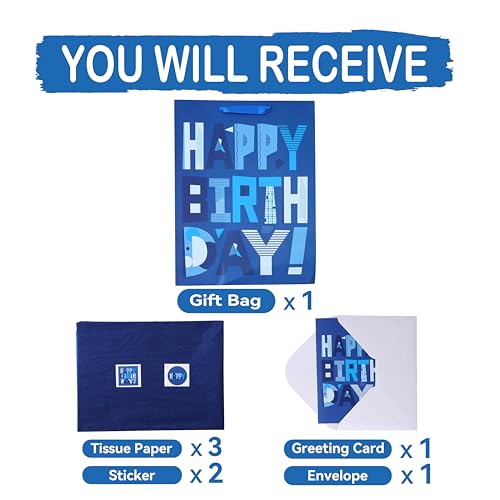 wishinside 16.5” Extra Large Blue Gift Bags Set with Greeting Card and Tissue Papers (Blue Happy Birthday) for Men's Birth...