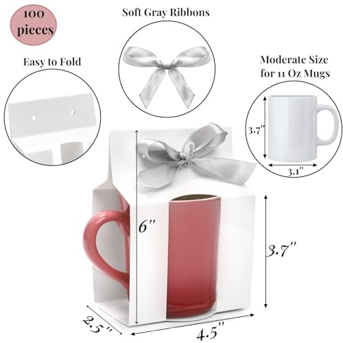 ZAVOOS 100 Pieces Mug Boxes, 11 Oz Sublimation Mugs Gift Box with Ribbon for Packaging Shipping Selling, Small White Cups ...