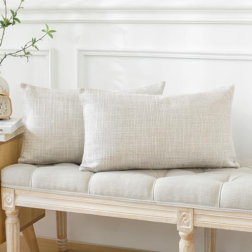 OTOSTAR Pack of 2 Throw Pillow Covers 12x20 Inch Linen Beige Pillowcases Farmhouse Decorative Solid Pillow Covers 30x50 cm...