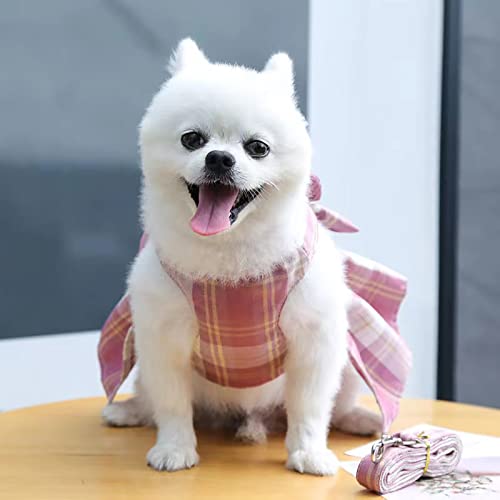 PETCARE Plaid Dog Dress Bow Tie Harness Leash Set for Small Dogs Cats Girl Cute Princess Dog Dresses Spring Summer Puppy B...